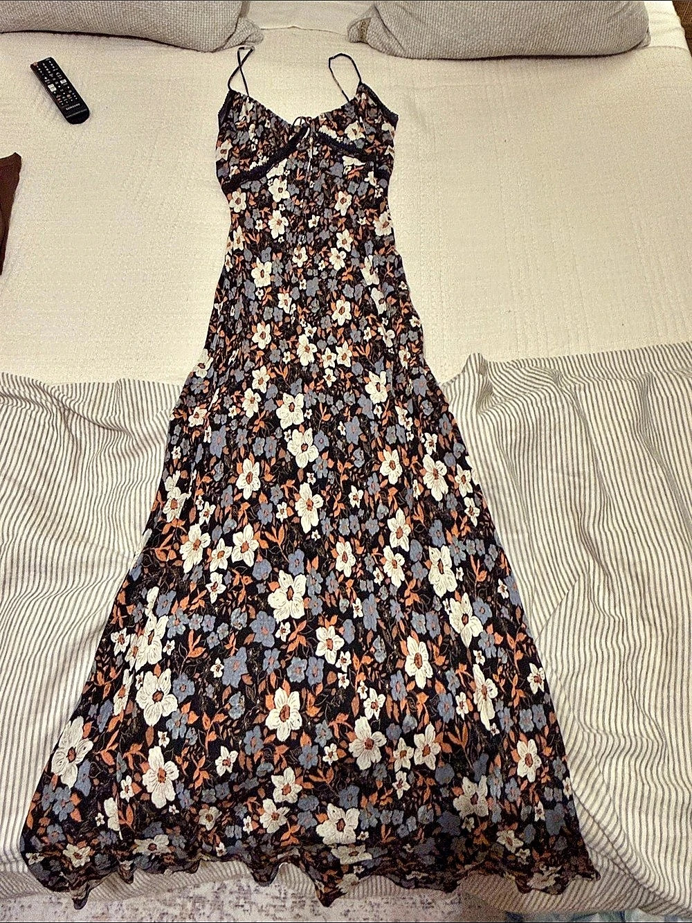 Free People Floral Maxi Dress in Black & Orange Like New